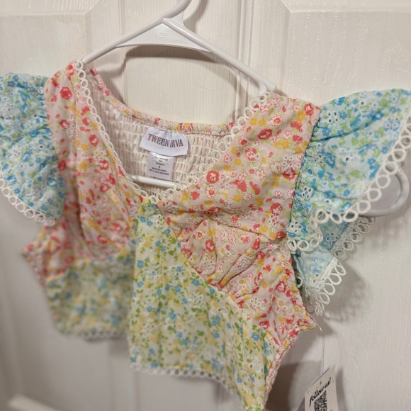 Tween Diva Girls Patchwork Floral Crop Top Ruffle Sleeve Lace Trim Size 8 - Picture 2 of 8